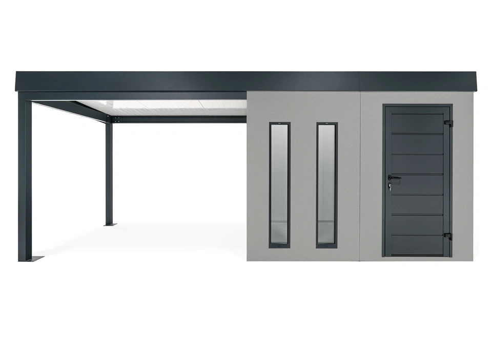 GARDEON® Záhradný domček s dverami Hörmann, dvomi svetlíkmi a ľavým prístreškom