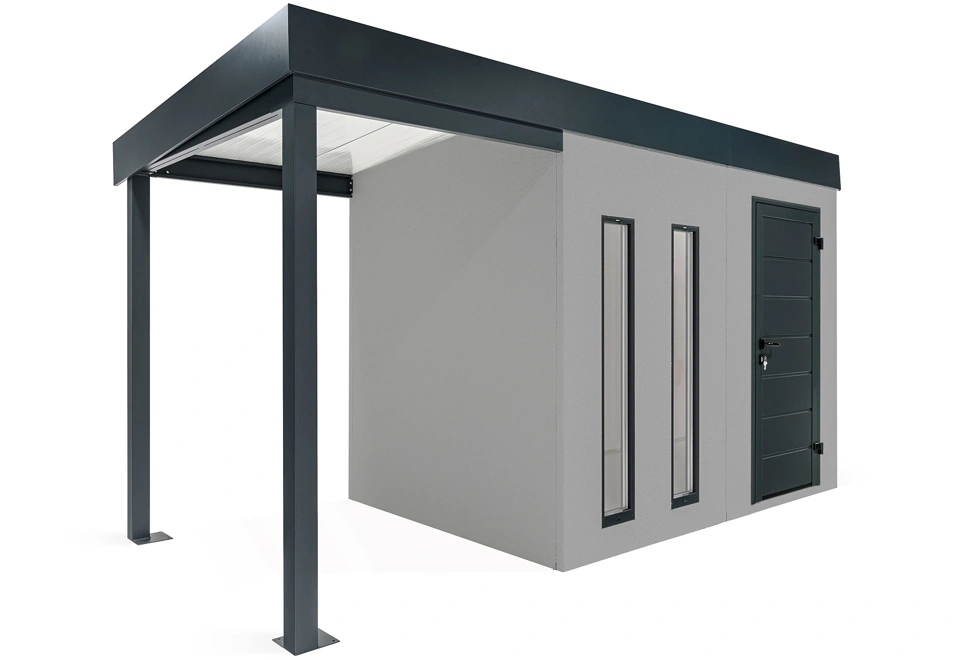 GARDEON® Záhradný domček s dverami Hörmann, dvomi svetlíkmi a ľavým prístreškom