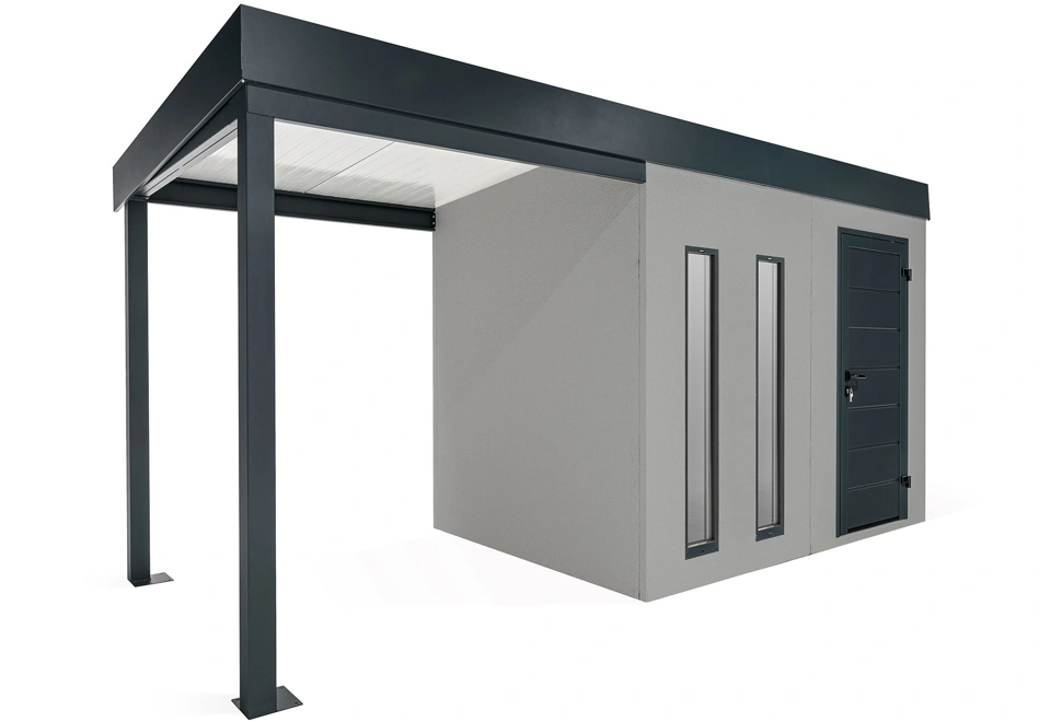 GARDEON® Záhradný domček s dverami Hörmann, dvomi svetlíkmi a ľavým prístreškom