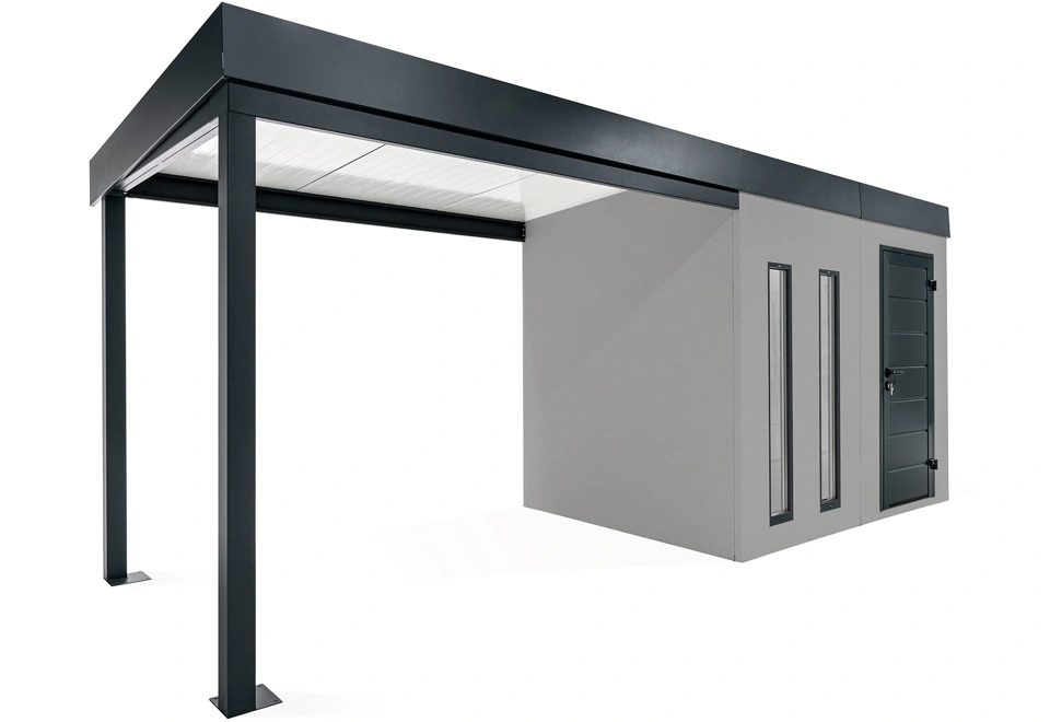 GARDEON® Záhradný domček s dverami Hörmann, dvomi svetlíkmi a ľavým prístreškom