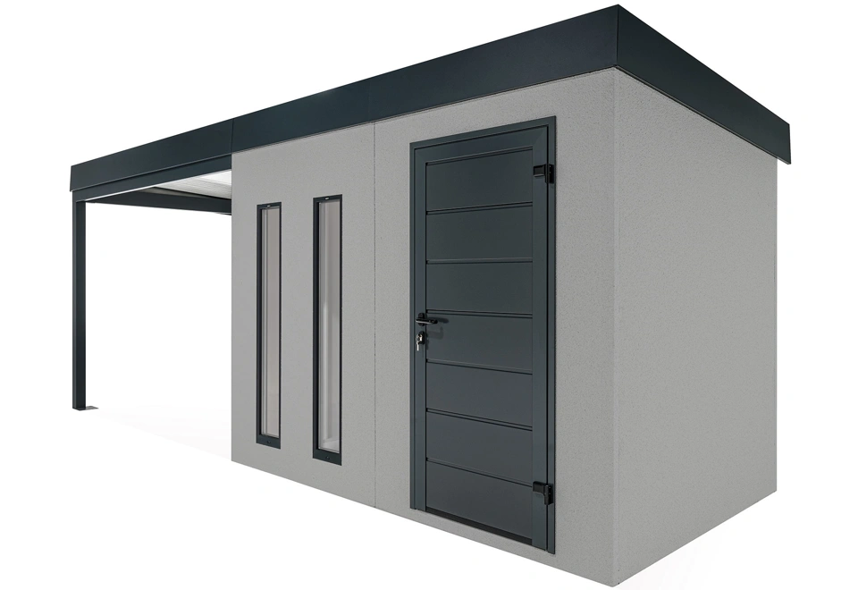 GARDEON® Záhradný domček s dverami Hörmann, dvomi svetlíkmi a ľavým prístreškom