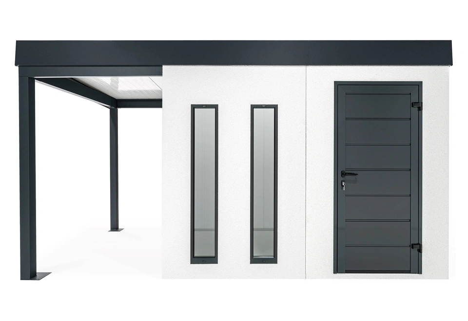 GARDEON® Záhradný domček s dverami Hörmann, dvomi svetlíkmi a ľavým prístreškom