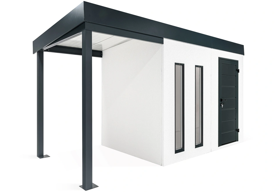 GARDEON® Záhradný domček s dverami Hörmann, dvomi svetlíkmi a ľavým prístreškom