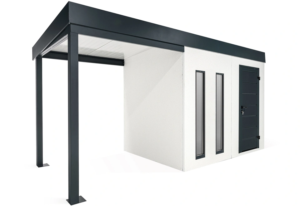 GARDEON® Záhradný domček s dverami Hörmann, dvomi svetlíkmi a ľavým prístreškom