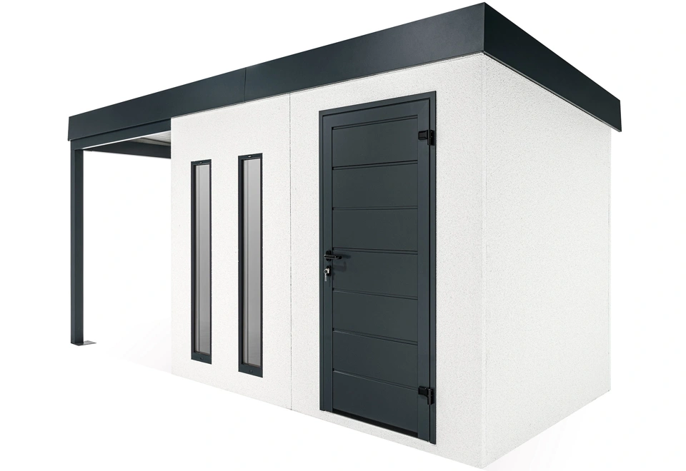GARDEON® Záhradný domček s dverami Hörmann, dvomi svetlíkmi a ľavým prístreškom