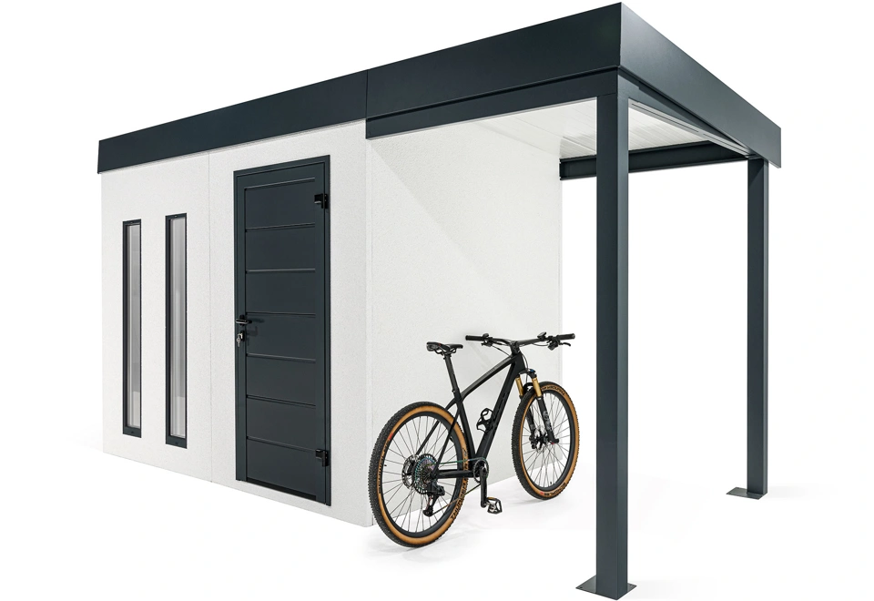 GARDEON® Záhradný domček s dverami Hörmann, dvomi svetlíkmi a pravým prístreškom