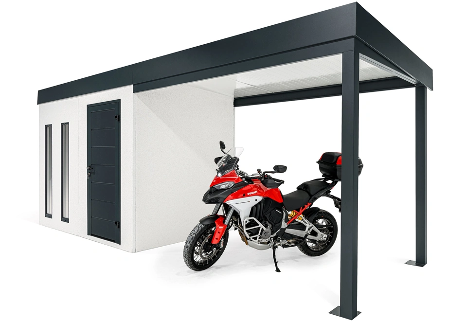 GARDEON® Záhradný domček s dverami Hörmann, dvomi svetlíkmi a pravým prístreškom