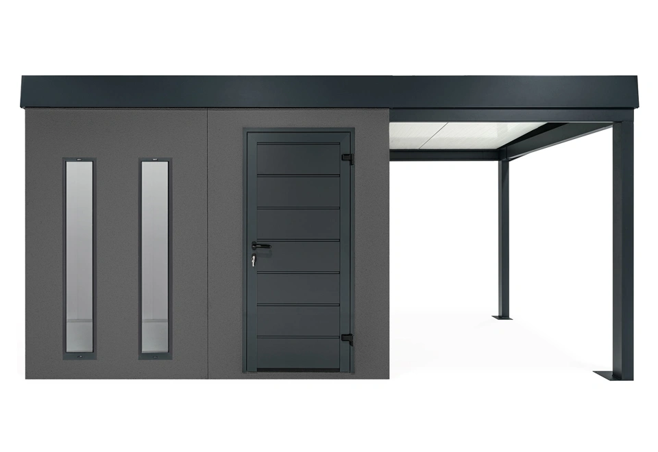 GARDEON® Záhradný domček s dverami Hörmann, dvomi svetlíkmi a pravým prístreškom