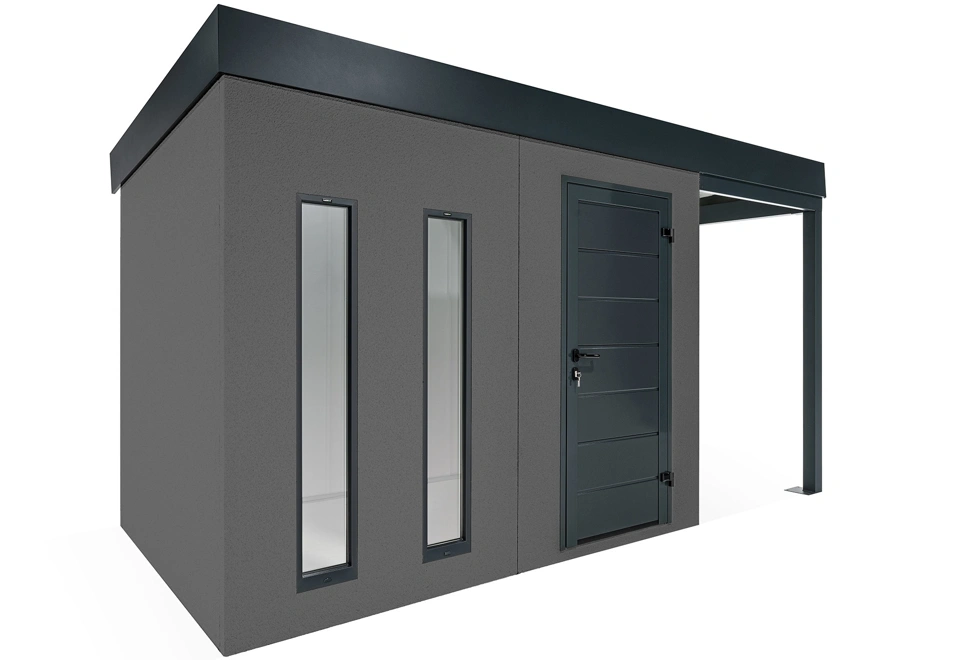 GARDEON® Záhradný domček s dverami Hörmann, dvomi svetlíkmi a pravým prístreškom