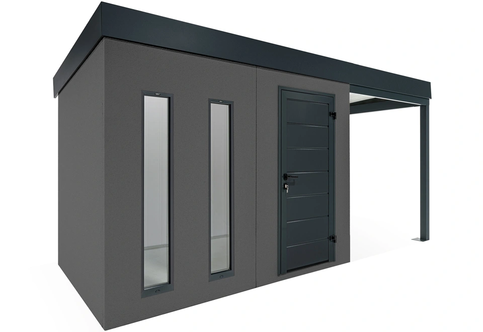 GARDEON® Záhradný domček s dverami Hörmann, dvomi svetlíkmi a pravým prístreškom