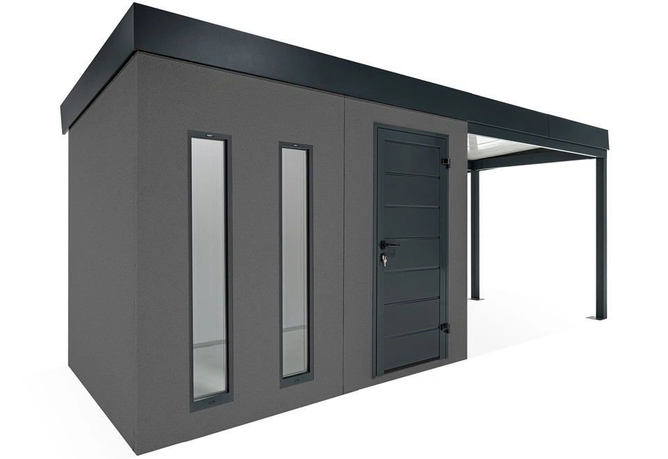 GARDEON® Záhradný domček s dverami Hörmann, dvomi svetlíkmi a pravým prístreškom