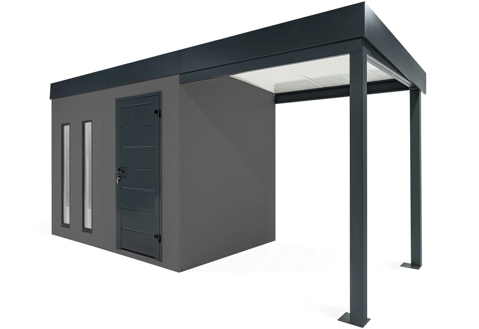 GARDEON® Záhradný domček s dverami Hörmann, dvomi svetlíkmi a pravým prístreškom