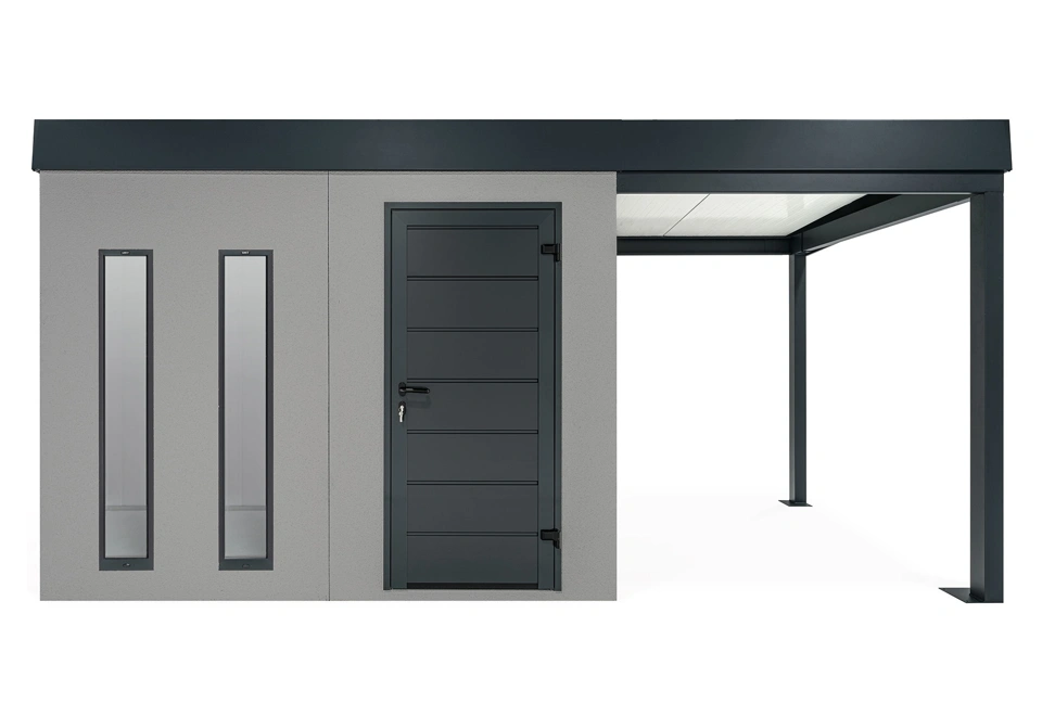 GARDEON® Záhradný domček s dverami Hörmann, dvomi svetlíkmi a pravým prístreškom