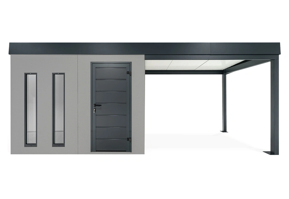 GARDEON® Záhradný domček s dverami Hörmann, dvomi svetlíkmi a pravým prístreškom