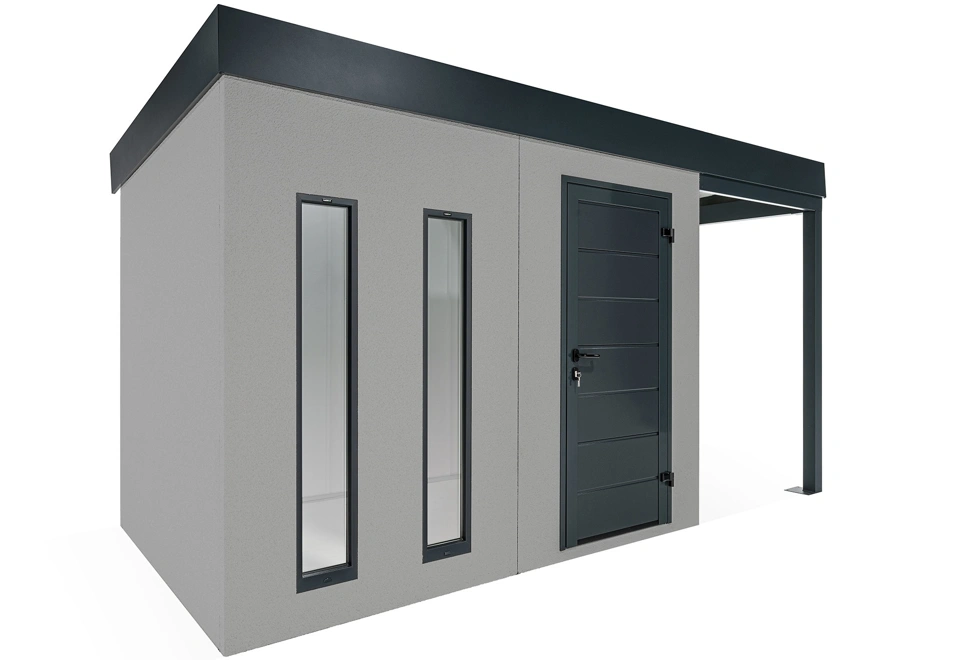 GARDEON® Záhradný domček s dverami Hörmann, dvomi svetlíkmi a pravým prístreškom