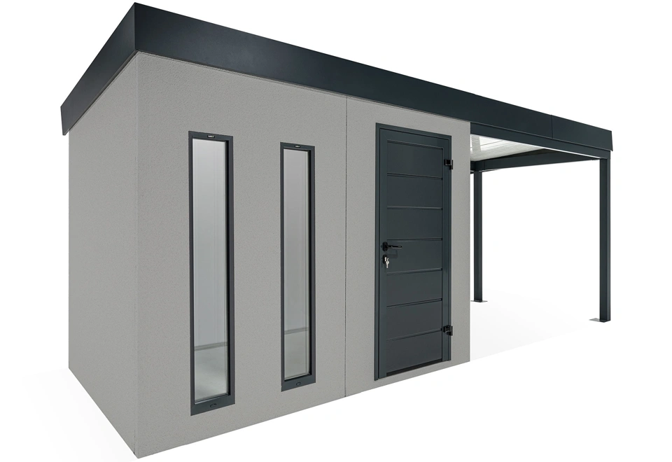 GARDEON® Záhradný domček s dverami Hörmann, dvomi svetlíkmi a pravým prístreškom