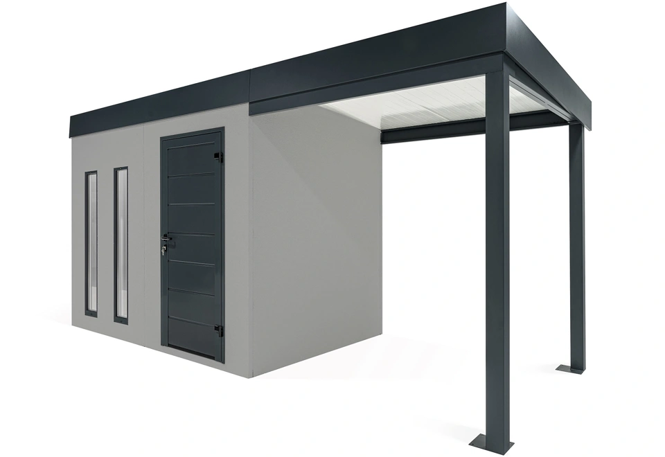 GARDEON® Záhradný domček s dverami Hörmann, dvomi svetlíkmi a pravým prístreškom