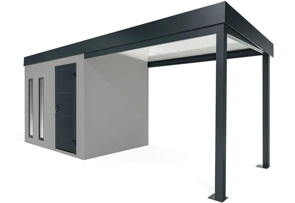 GARDEON® Záhradný domček s dverami Hörmann, dvomi svetlíkmi a pravým prístreškom