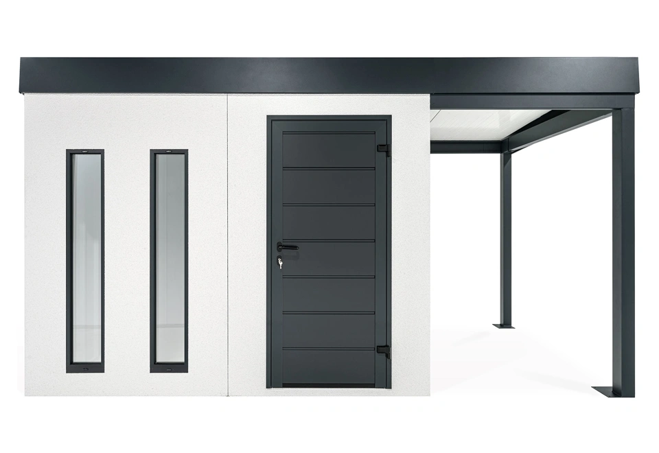 GARDEON® Záhradný domček s dverami Hörmann, dvomi svetlíkmi a pravým prístreškom