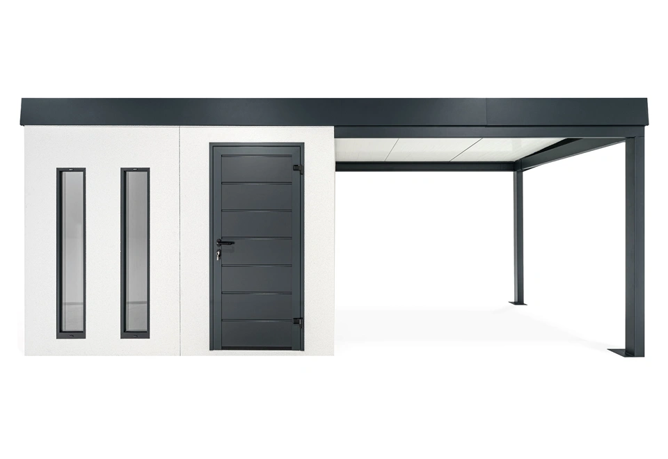 GARDEON® Záhradný domček s dverami Hörmann, dvomi svetlíkmi a pravým prístreškom