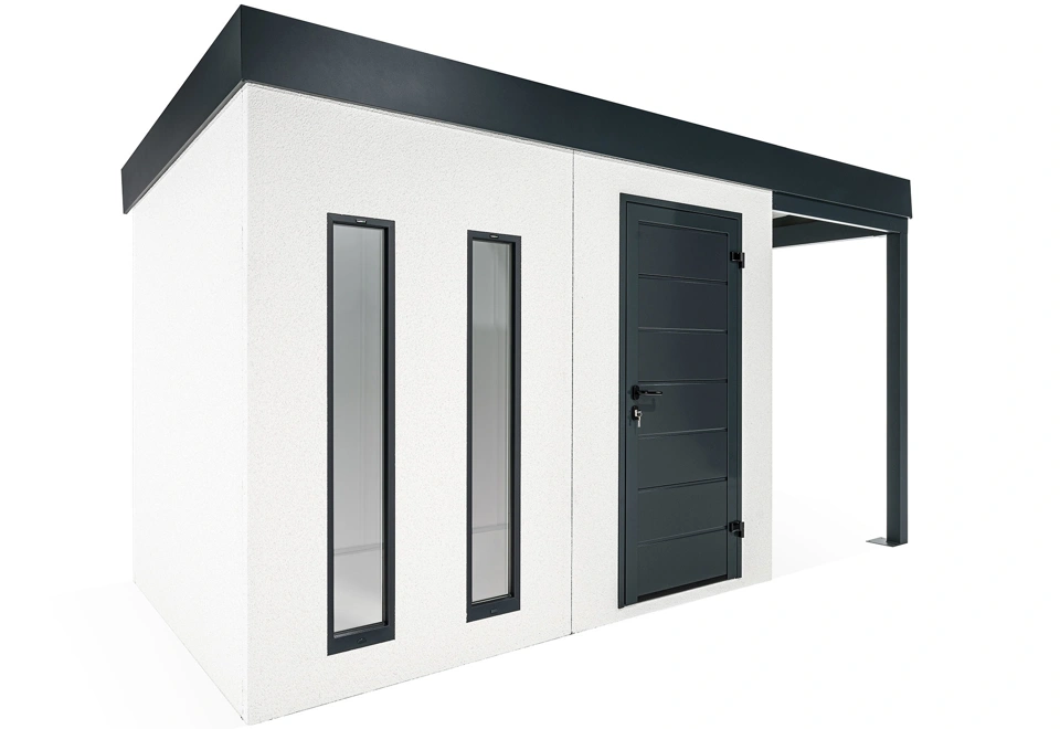 GARDEON® Záhradný domček s dverami Hörmann, dvomi svetlíkmi a pravým prístreškom