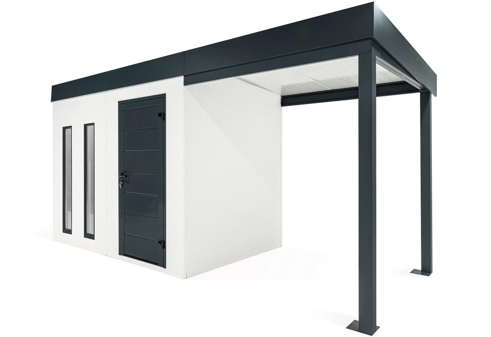 GARDEON® Záhradný domček s dverami Hörmann, dvomi svetlíkmi a pravým prístreškom