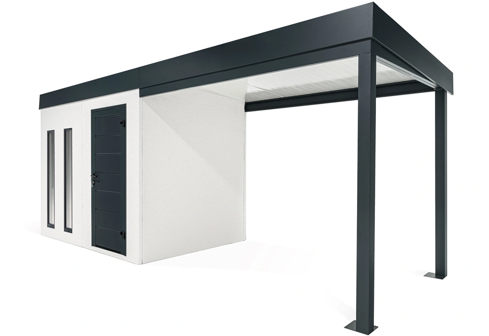 GARDEON® Záhradný domček s dverami Hörmann, dvomi svetlíkmi a pravým prístreškom