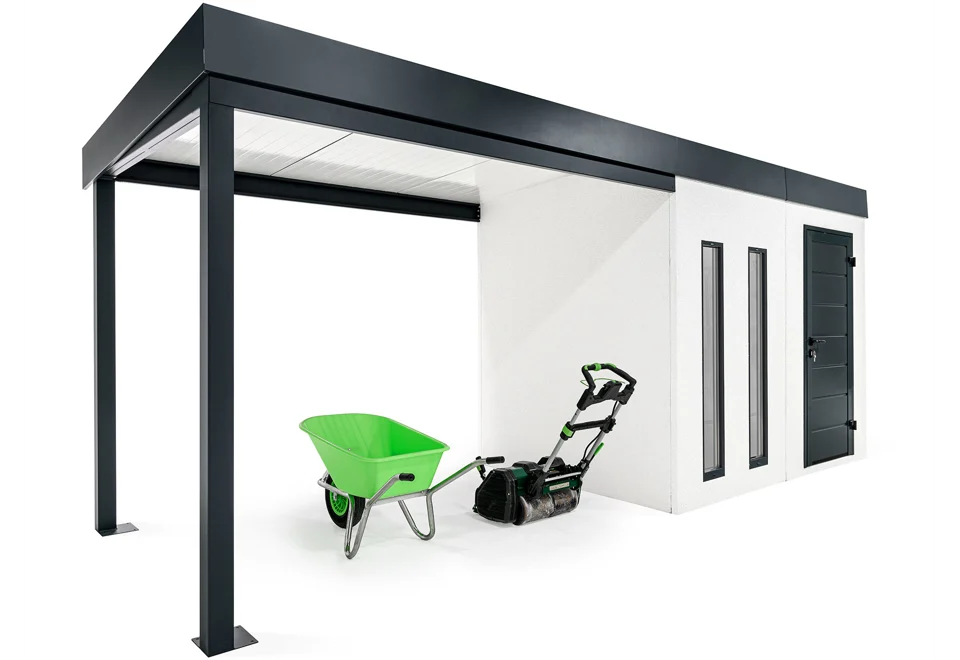 GARDEON® Záhradný domček s dverami Hörmann, dvomi svetlíkmi a prístreškom