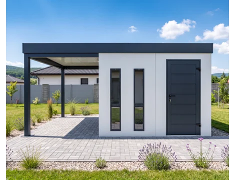 GARDEON® Záhradný domček s dverami Hörmann, dvomi svetlíkmi a prístreškom