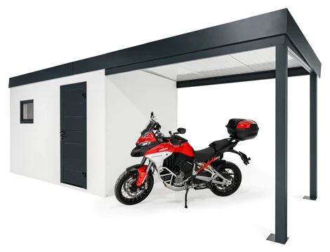 GARDEON® Záhradný domček s dverami Hörmann, oknom a pravým prístreškom GARDEON® Záhradný domček s dverami Hörmann, oknom a pravým prístreškom