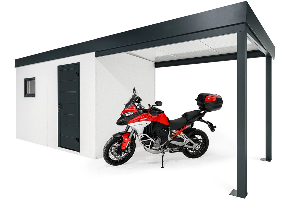 GARDEON® Záhradný domček s dverami Hörmann, oknom a pravým prístreškom