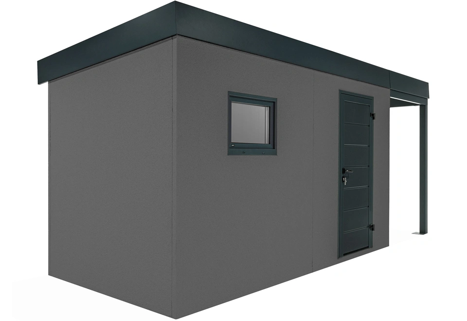 GARDEON® Záhradný domček s dverami Hörmann, oknom a pravým prístreškom