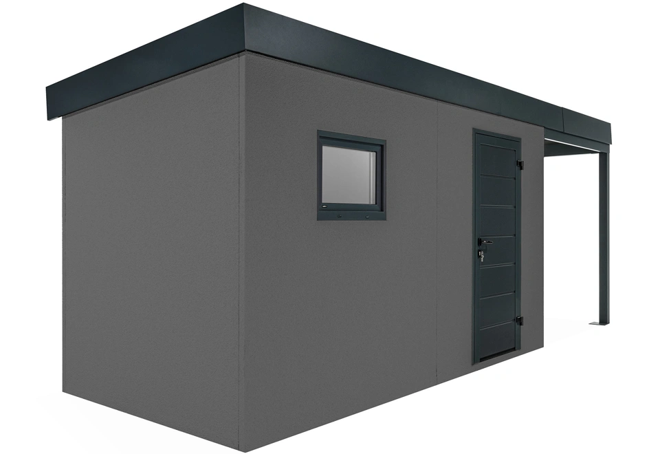 GARDEON® Záhradný domček s dverami Hörmann, oknom a pravým prístreškom