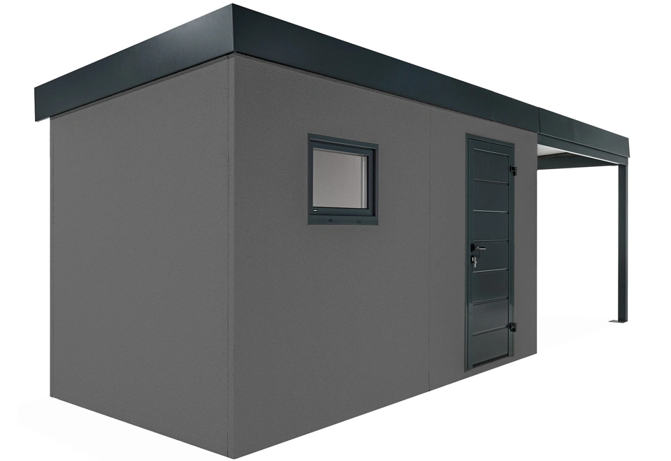 GARDEON® Záhradný domček s dverami Hörmann, oknom a pravým prístreškom