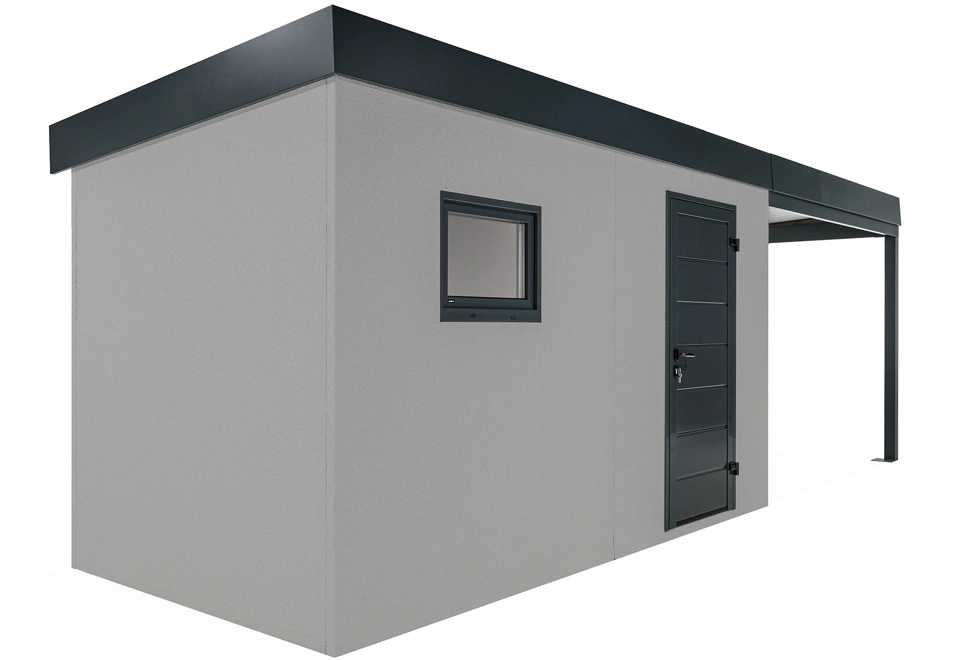 GARDEON® Záhradný domček s dverami Hörmann, oknom a pravým prístreškom