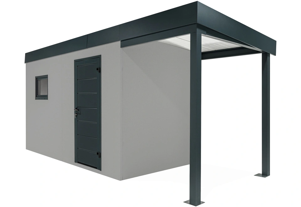 GARDEON® Záhradný domček s dverami Hörmann, oknom a pravým prístreškom