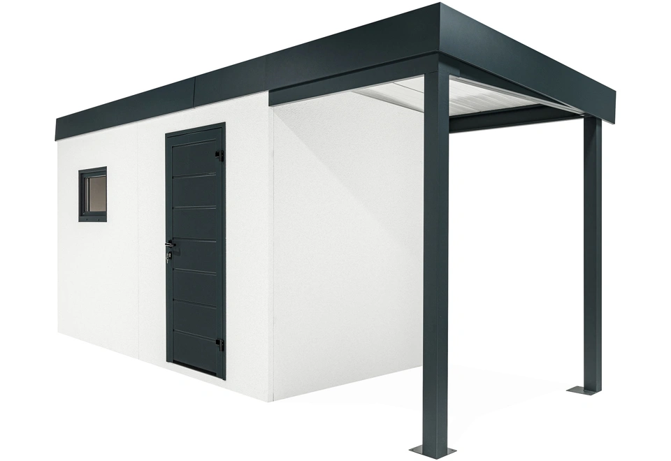 GARDEON® Záhradný domček s dverami Hörmann, oknom a pravým prístreškom