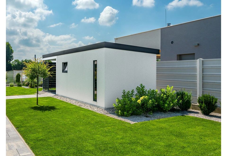 GARDEON® Záhradný domček s dverami Hörmann, oknom, svetlíkom a ľavým prístreškom