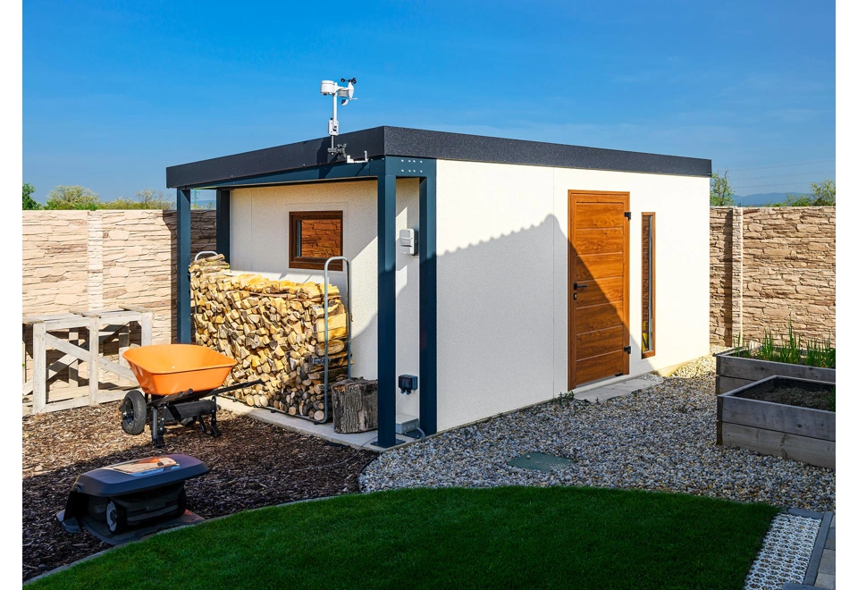 GARDEON® Záhradný domček s dverami Hörmann, oknom, svetlíkom a prístreškom