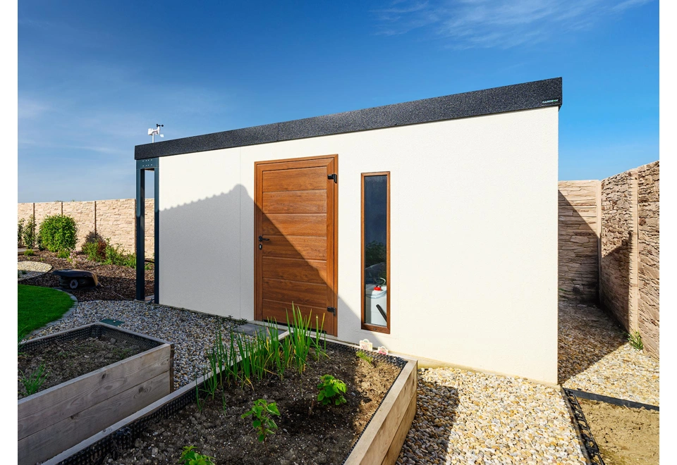 GARDEON® Záhradný domček s dverami Hörmann, oknom, svetlíkom a prístreškom