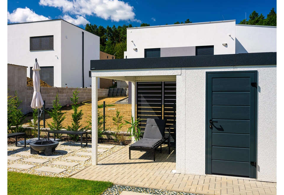 GARDEON® Záhradný domček s dverami Hörmann, svetlíkom a ľavým prístreškom