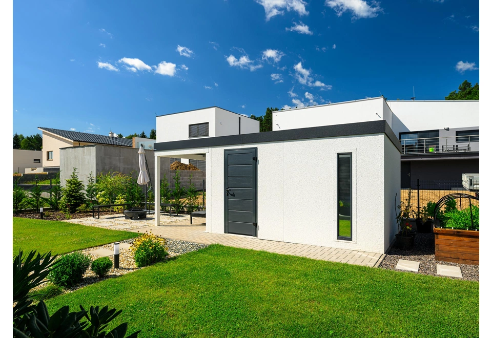 GARDEON® Záhradný domček s dverami Hörmann, svetlíkom a ľavým prístreškom