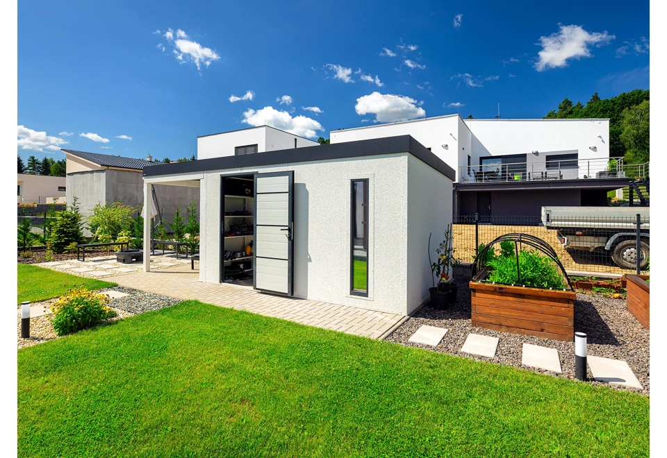 GARDEON® Záhradný domček s dverami Hörmann, svetlíkom a ľavým prístreškom