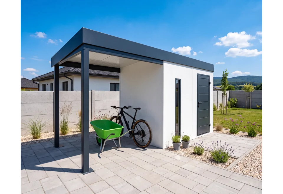 GARDEON® Záhradný domček s dverami Hörmann, svetlíkom a prístreškom