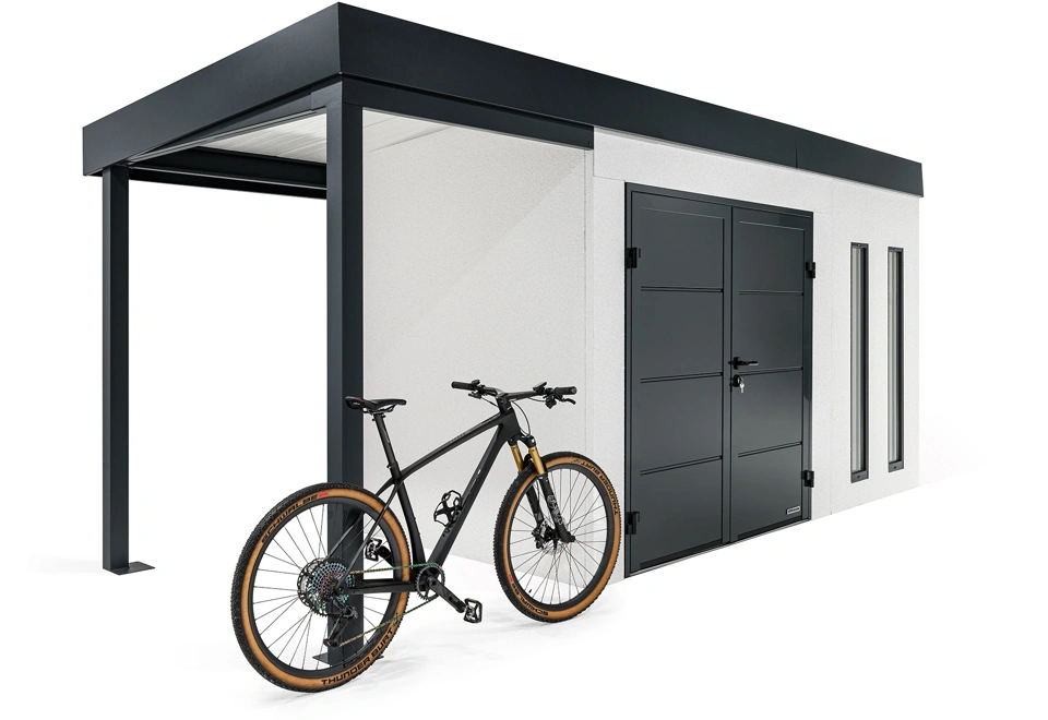 GARDEON® Záhradný domček s dvojitými dverami Hörmann, dvomi svetlíkmi a ľavým prístreškom