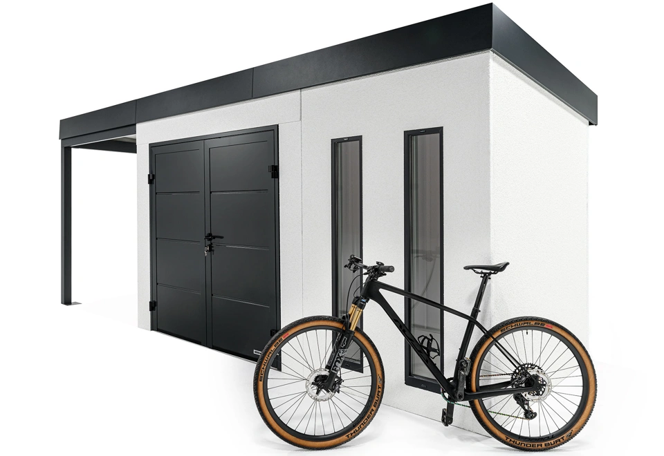 GARDEON® Záhradný domček s dvojitými dverami Hörmann, dvomi svetlíkmi a ľavým prístreškom