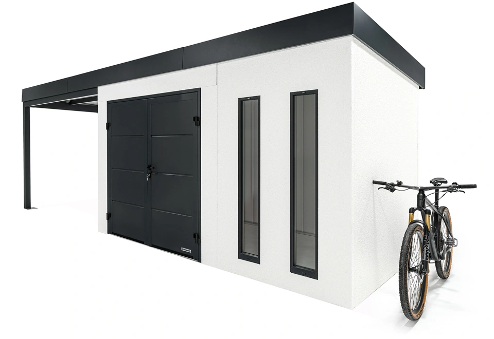 GARDEON® Záhradný domček s dvojitými dverami Hörmann, dvomi svetlíkmi a ľavým prístreškom