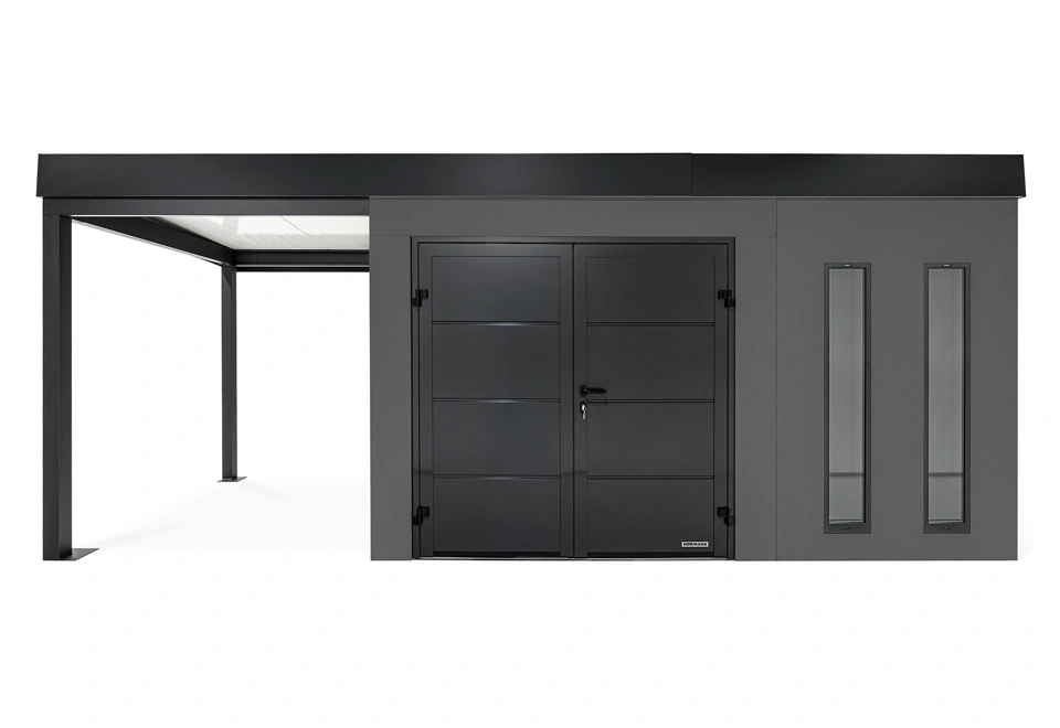 GARDEON® Záhradný domček s dvojitými dverami Hörmann, dvomi svetlíkmi a ľavým prístreškom