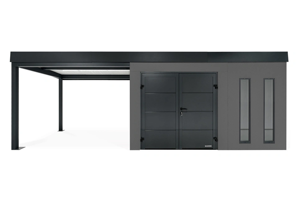 GARDEON® Záhradný domček s dvojitými dverami Hörmann, dvomi svetlíkmi a ľavým prístreškom