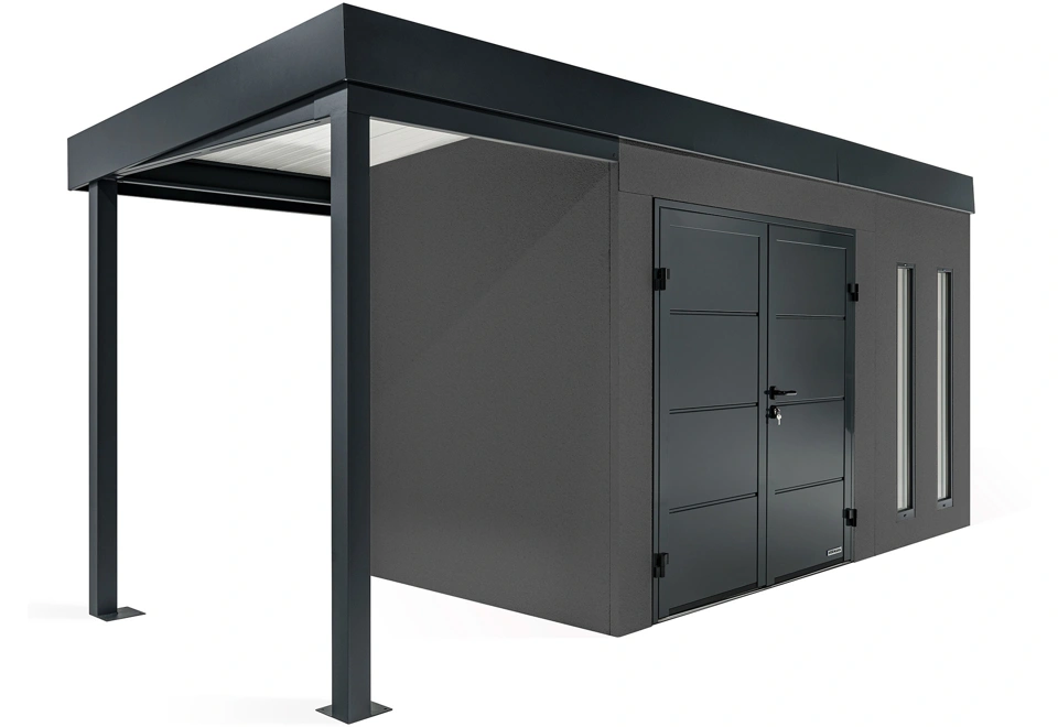 GARDEON® Záhradný domček s dvojitými dverami Hörmann, dvomi svetlíkmi a ľavým prístreškom